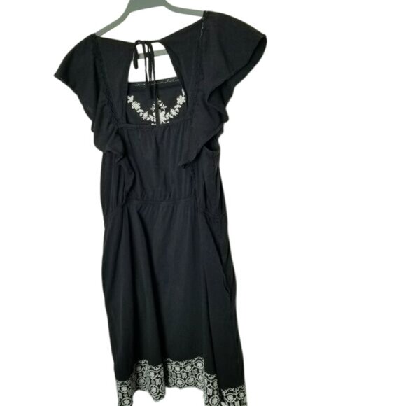 Black Old Navy Embroidered Ruffle Sleeve Cotton Rayon Dress L Pockets‎ Cottage - Picture 2 of 10